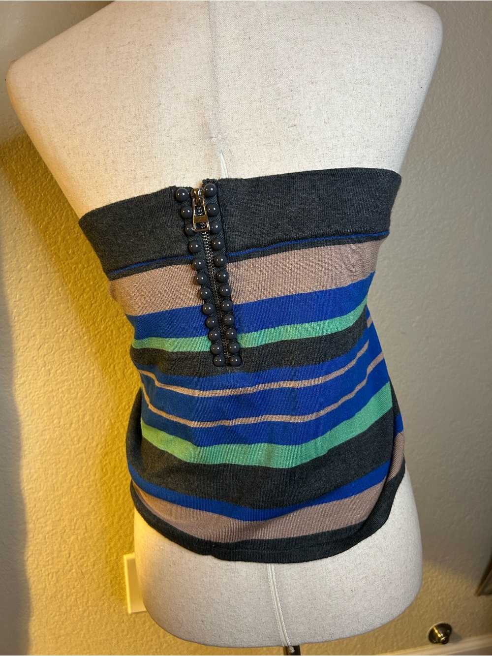 Y2K Striped Knit Tube Top in Blue, Green & Tan zipper and beading detail medium